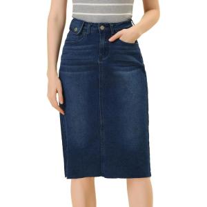 image:imageAllegra K Womens Casual Jean Skirt Back Slit Raw Hem Stretch High Waist Denim SkirtsDark Blue