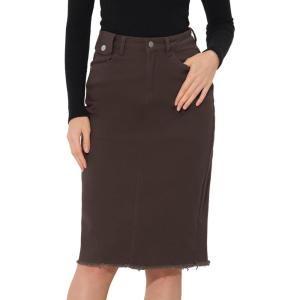 image:imageAllegra K Womens Casual Jean Skirt Back Slit Raw Hem Stretch High Waist Denim SkirtsDark Brown