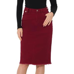 image:imageAllegra K Womens Casual Jean Skirt Back Slit Raw Hem Stretch High Waist Denim SkirtsDark Red