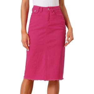 image:imageAllegra K Womens Casual Jean Skirt Back Slit Raw Hem Stretch High Waist Denim SkirtsHot Pink