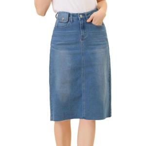 image:imageAllegra K Womens Casual Jean Skirt Back Slit Raw Hem Stretch High Waist Denim SkirtsJean Blue