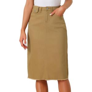 image:imageAllegra K Womens Casual Jean Skirt Back Slit Raw Hem Stretch High Waist Denim SkirtsKhaki