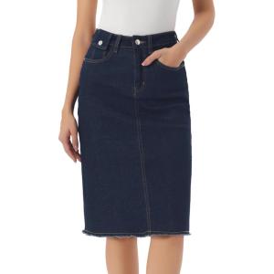 image:imageAllegra K Womens Casual Jean Skirt Back Slit Raw Hem Stretch High Waist Denim SkirtsNavy Blue