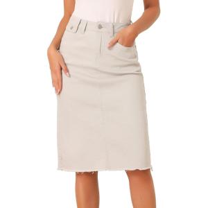image:imageAllegra K Womens Casual Jean Skirt Back Slit Raw Hem Stretch High Waist Denim SkirtsOyster White