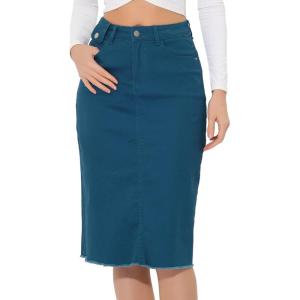 image:imageAllegra K Womens Casual Jean Skirt Back Slit Raw Hem Stretch High Waist Denim SkirtsPeacock Blue