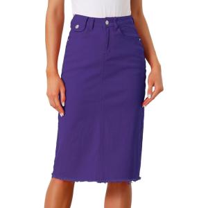 image:imageAllegra K Womens Casual Jean Skirt Back Slit Raw Hem Stretch High Waist Denim SkirtsPurple
