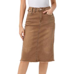 image:imageAllegra K Womens Casual Jean Skirt Back Slit Raw Hem Stretch High Waist Denim SkirtsWashed Brown
