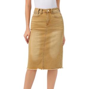 image:imageAllegra K Womens Casual Jean Skirt Back Slit Raw Hem Stretch High Waist Denim SkirtsWashed Khaki