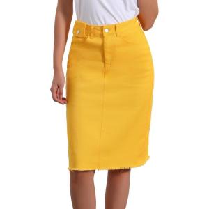 image:imageAllegra K Womens Casual Jean Skirt Back Slit Raw Hem Stretch High Waist Denim SkirtsYellow