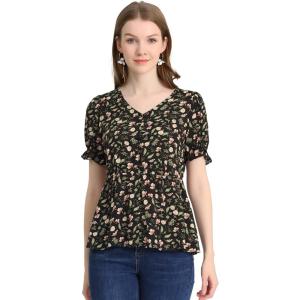 image:imageAllegra K Womens Floral Peasant Peplum Top Ruffle Hem Short Sleeve VNeck Summer BlouseBlack