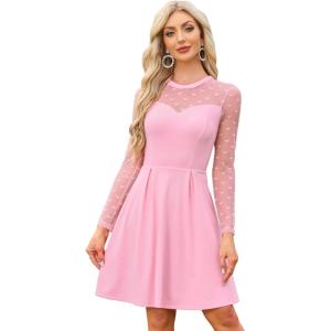image:imageAllegra K Womens Heart Mesh Sheer Long Sleeve Gothic Cocktail Wedding Guest Skater Party Short DressLight Pink