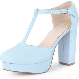 image:imageAllegra K Womens Platform Chunky Heel Mary Janes Pumps Retro TStrap Round Toe Ankle Strap Dress Heels PumpLight Blue