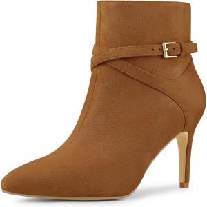 image:imageAllegra K Womens Pointy Toe Buckle Cross Straps Stiletto Heel Ankle BootsBrown