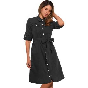 image:imageAllegra K Denim Dress for Womens Long Sleeve Button Down ALine Belted Classic Jean DressesBlack