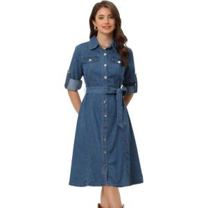 image:imageAllegra K Denim Dress for Womens Long Sleeve Button Down ALine Belted Classic Jean DressesBlue
