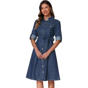 image:imageAllegra K Denim Dress for Womens Long Sleeve Button Down ALine Belted Classic Jean DressesDark Blue