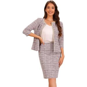image:imageAllegra K Womens 2 Piece Tweed Skirt Set Suit Jacket Pencil Skirt Elegant Business Suits for Women 2025Pink