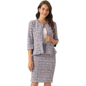 image:imageAllegra K Womens 2 Piece Tweed Skirt Set Suit Jacket Pencil Skirt Elegant Business Suits for Women 2025Purple