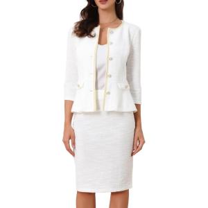 image:imageAllegra K Womens 2 Piece Tweed Skirt Set Suit Jacket Pencil Skirt Elegant Business Suits for Women 2025White