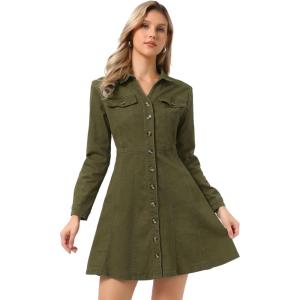 image:imageAllegra K Womens Denim Dress Button Down Collar V Neck Long Sleeve Aline Cotton Jean DressArmy Green