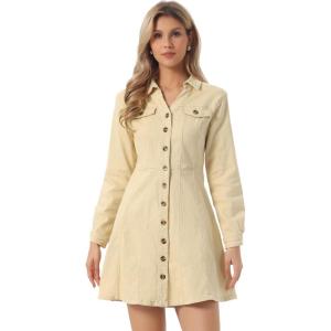image:imageAllegra K Womens Denim Dress Button Down Collar V Neck Long Sleeve Aline Cotton Jean DressBeige