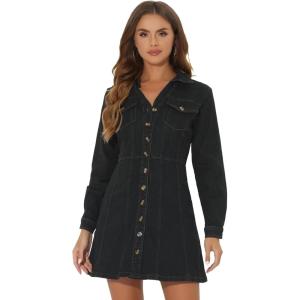 image:imageAllegra K Womens Denim Dress Button Down Collar V Neck Long Sleeve Aline Cotton Jean DressBlack