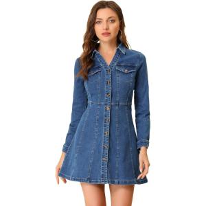 image:imageAllegra K Womens Denim Dress Button Down Collar V Neck Long Sleeve Aline Cotton Jean DressBlue