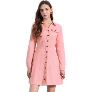 image:imageAllegra K Womens Denim Dress Button Down Collar V Neck Long Sleeve Aline Cotton Jean DressDark Pink