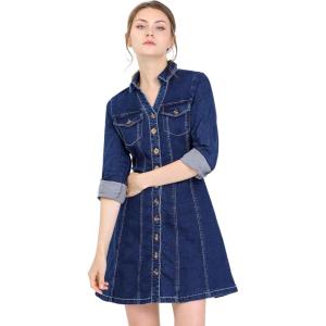 image:imageAllegra K Womens Denim Dress Button Down Collar V Neck Long Sleeve Aline Cotton Jean DressDeep Blue
