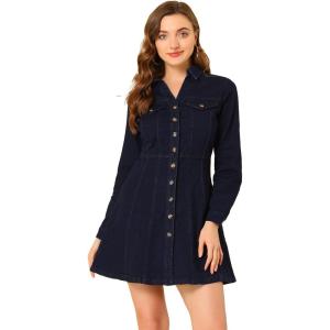 image:imageAllegra K Womens Denim Dress Button Down Collar V Neck Long Sleeve Aline Cotton Jean DressDenim Blue