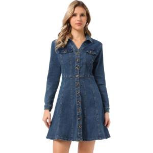image:imageAllegra K Womens Denim Dress Button Down Collar V Neck Long Sleeve Aline Cotton Jean DressGrey Blue