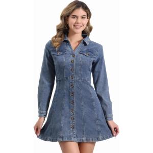image:imageAllegra K Womens Denim Dress Button Down Collar V Neck Long Sleeve Aline Cotton Jean DressRetro Blue