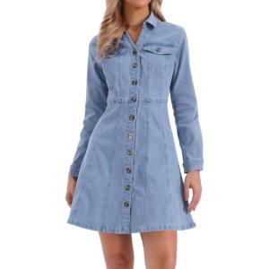 image:imageAllegra K Womens Denim Dress Button Down Collar V Neck Long Sleeve Aline Cotton Jean DressSky Blue
