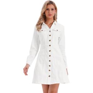 image:imageAllegra K Womens Denim Dress Button Down Collar V Neck Long Sleeve Aline Cotton Jean DressWhite