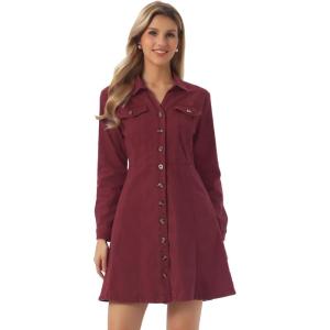 image:imageAllegra K Womens Denim Dress Button Down Collar V Neck Long Sleeve Aline Cotton Jean DressWine Red