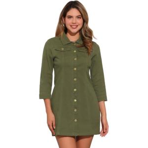 image:imageAllegra K Womens Denim Dresses Spring Summer Button Down 34 Sleeve 2026 Jean Mini DressArmy Green