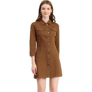 image:imageAllegra K Womens Denim Dresses Spring Summer Button Down 34 Sleeve 2026 Jean Mini DressBrown