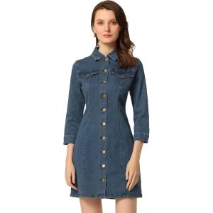 image:imageAllegra K Womens Denim Dresses Spring Summer Button Down 34 Sleeve 2026 Jean Mini DressMid Blue
