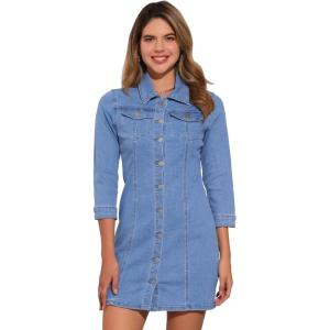 image:imageAllegra K Womens Denim Dresses Spring Summer Button Down 34 Sleeve 2026 Jean Mini DressSky Blue