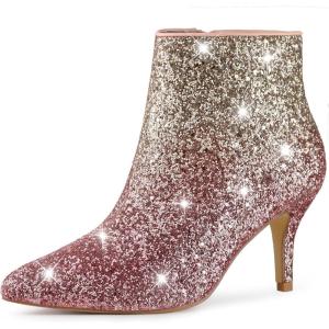image:imageAllegra K Womens Glitter Pointed Toe Stiletto Heel Ankle BootsSilver Pink