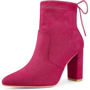 image:imageAllegra K Womens Pointed Toe Drawstring Pull on Block Heel Ankle BootsHot Pink