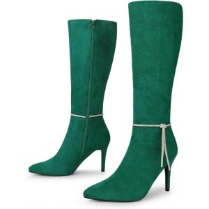 image:imageAllegra K Womens Rhinestone Crystal Chain Pointed Toe Stiletto Heels Knee High BootsGreen