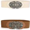 image:imageAllegra K Womens Elastic Wide Waist Belts Floral Metal Buckle Stretchy Belts for DressesBrown  Beige