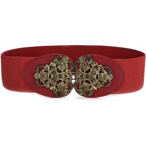 image:imageAllegra K Ladies Metal Symmetric Flower Interlock Buckle Textured Elastic Cinch BeltRed