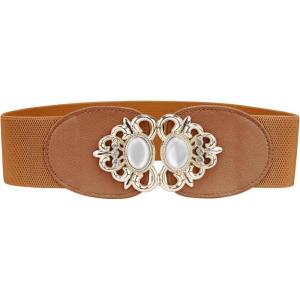 image:imageAllegra K Lady 236 Width Elastic Belts Faux Leather Opal Beaded Rhinestone Inlaid Stretchy Cinch Waistband for DressCamel