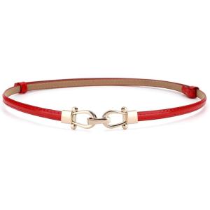 image:imageuxcell Metal Buckle Adjustable Thin High Waist Belt for WomenReddouble Round Buckle