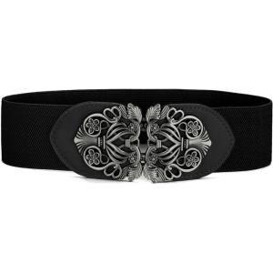 image:imageuxcell Retro Knot Woven Metal Interlocking Buckle Elastic Waist Cinch Belt BandFloral Buckleblack Bandblack Buckle