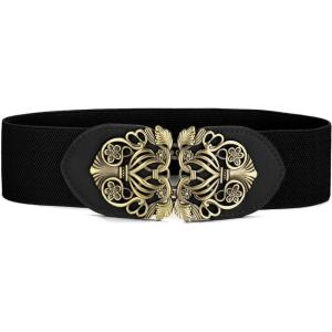 image:imageuxcell Retro Knot Woven Metal Interlocking Buckle Elastic Waist Cinch Belt BandFloral Buckleblack Bandbronze Buckle