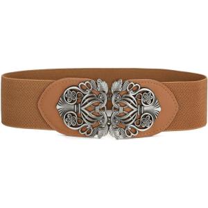 image:imageuxcell Retro Knot Woven Metal Interlocking Buckle Elastic Waist Cinch Belt BandFloral Bucklebrown Bandblack Buckle