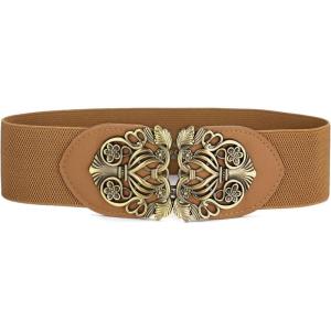 image:imageuxcell Retro Knot Woven Metal Interlocking Buckle Elastic Waist Cinch Belt BandFloral Bucklebrown Bandbronze Buckle